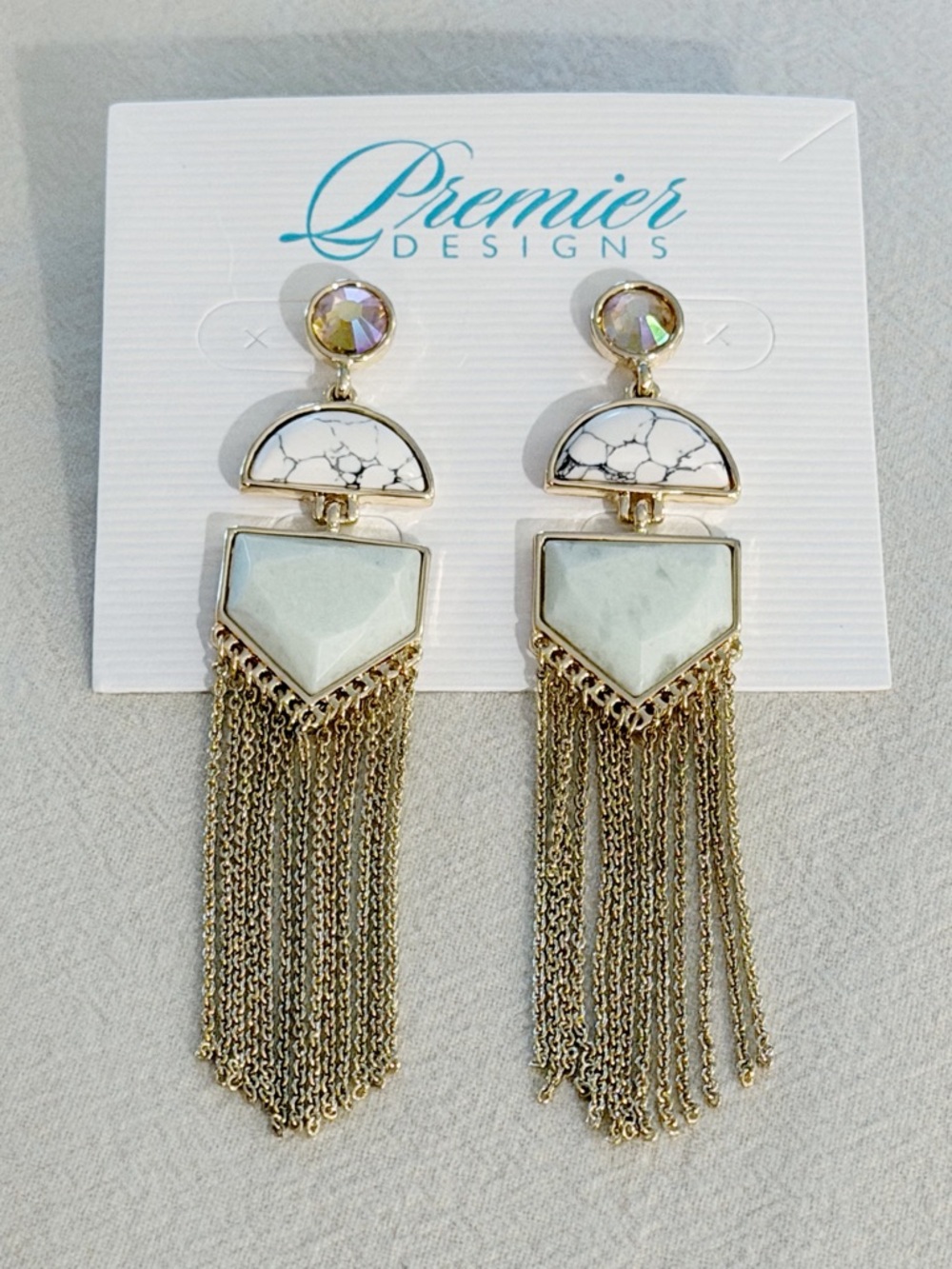 NWT Premier Designs Gold Tone Fringe Drop Earrings w/ Stone Accents Boho